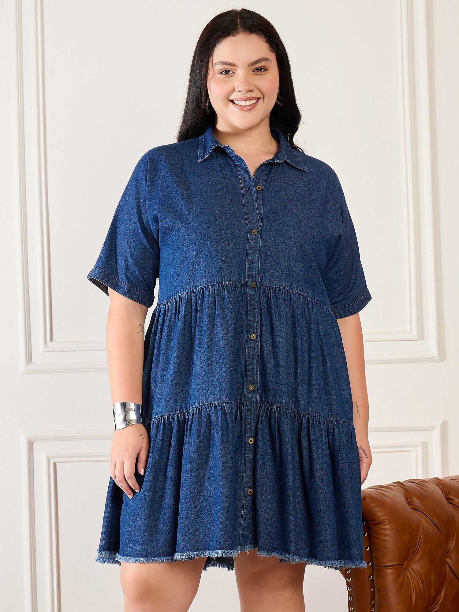 Denim Front Open Tiered Dress