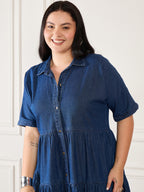 Denim Front Open Tiered Dress