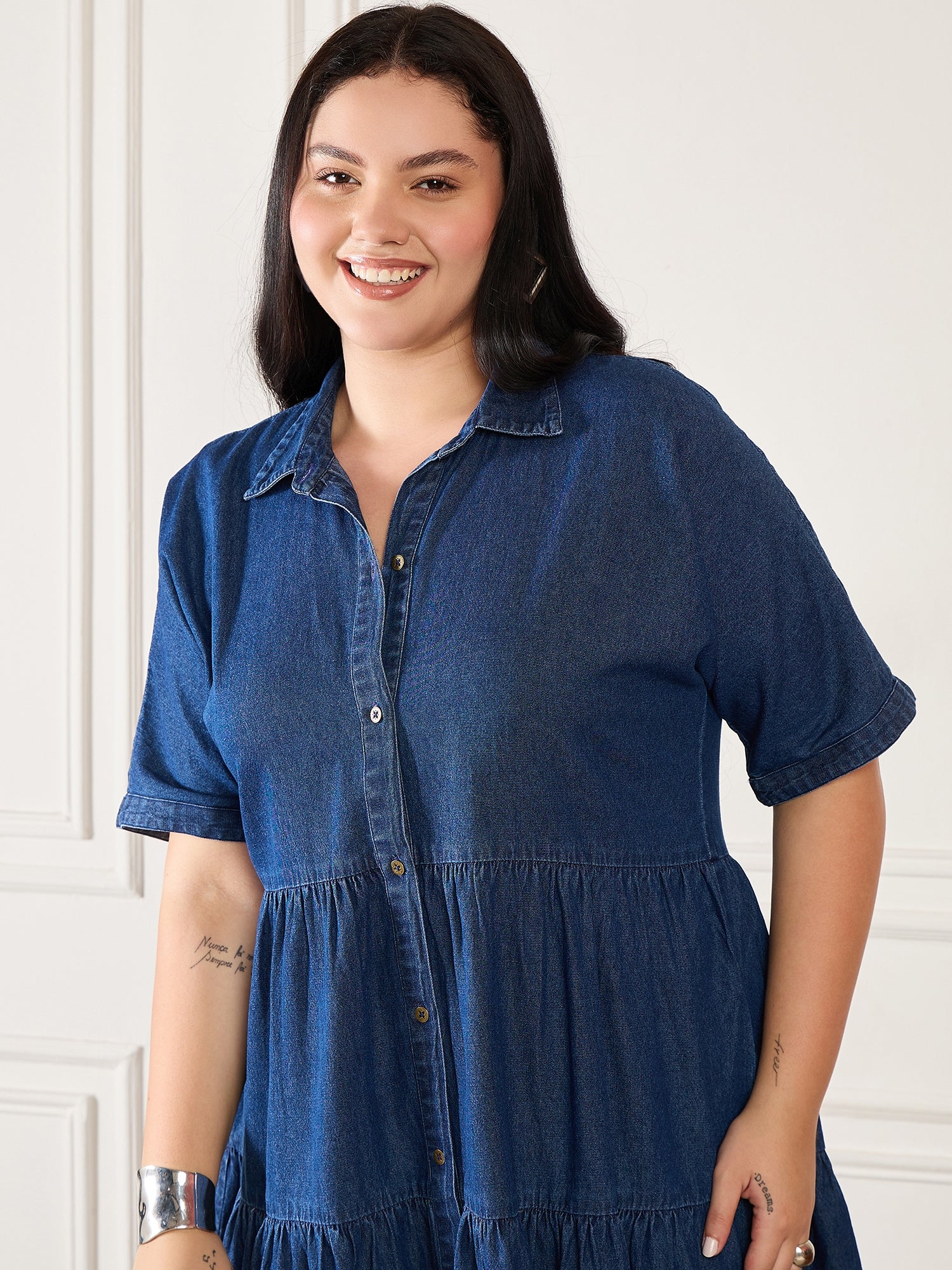 Denim Front Open Tiered Dress