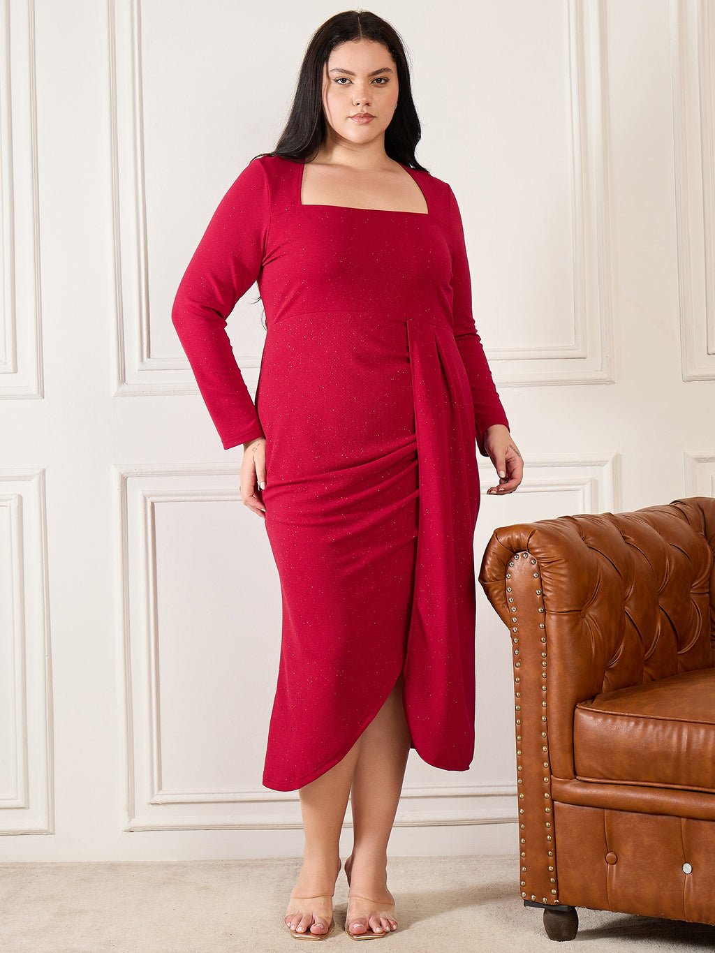 Maroon Shimmer  Square Neck  Party Dress