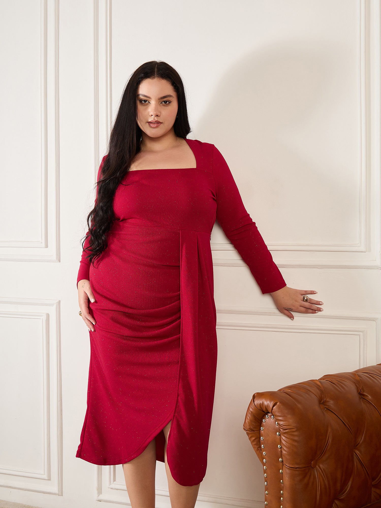 Maroon Shimmer  Square Neck  Party Dress