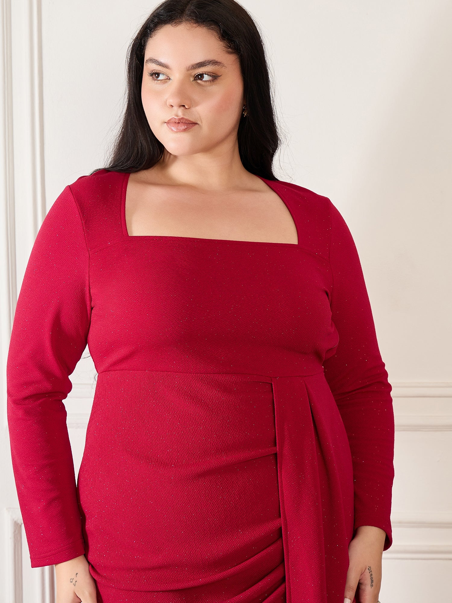 Maroon Shimmer  Square Neck  Party Dress