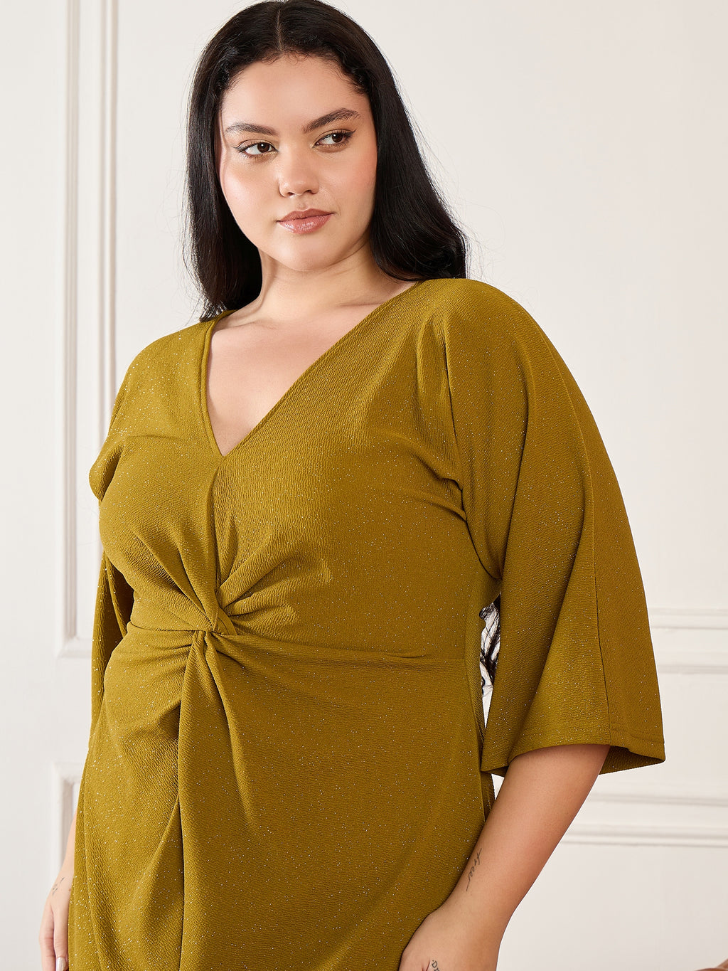 Olive Plus Size Front Knot Shimmer Dress