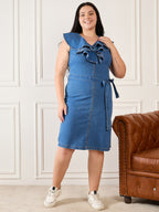 Denim V Neck Ruffle Belted Dress