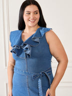 Denim V Neck Ruffle Belted Dress