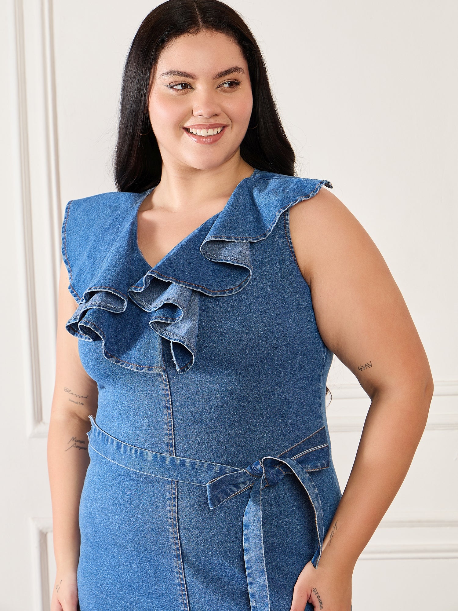 Denim V Neck Ruffle Belted Dress