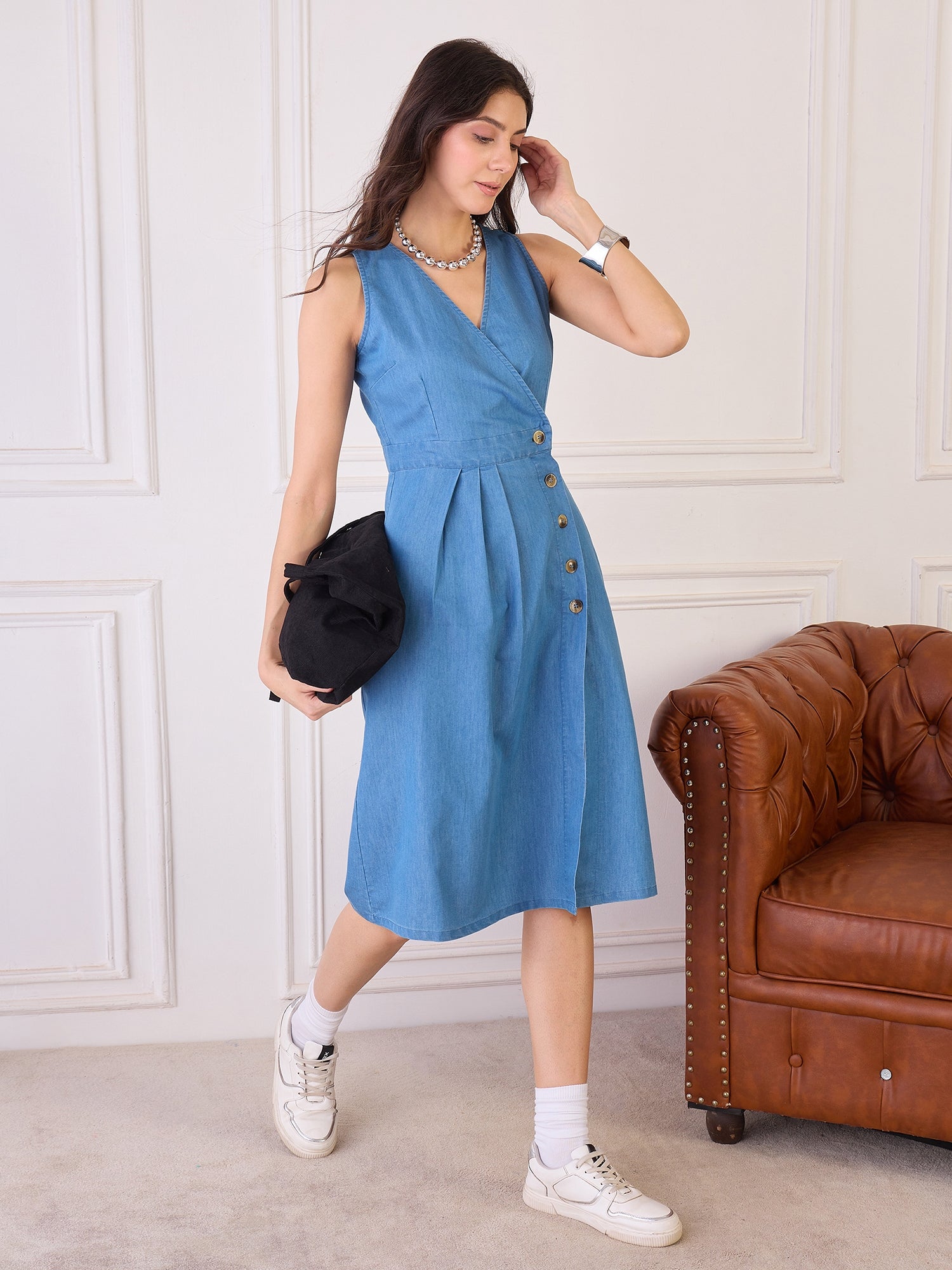 Denim Wrap Button Detail Dress