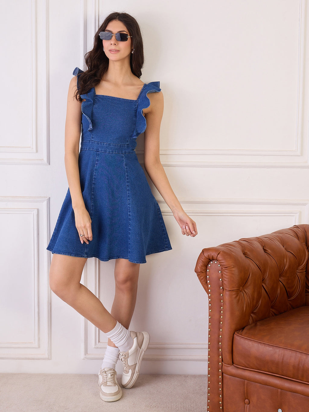 Denim Frill Detail Fit and Flare Dress