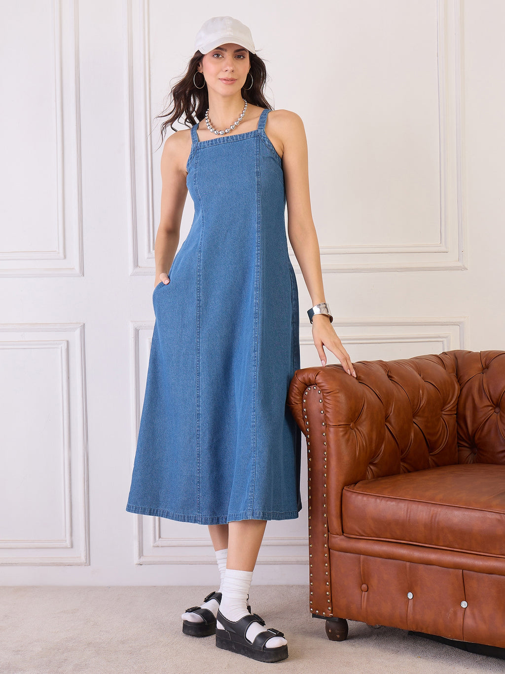 Denim Strappy Fit And Flare Dress