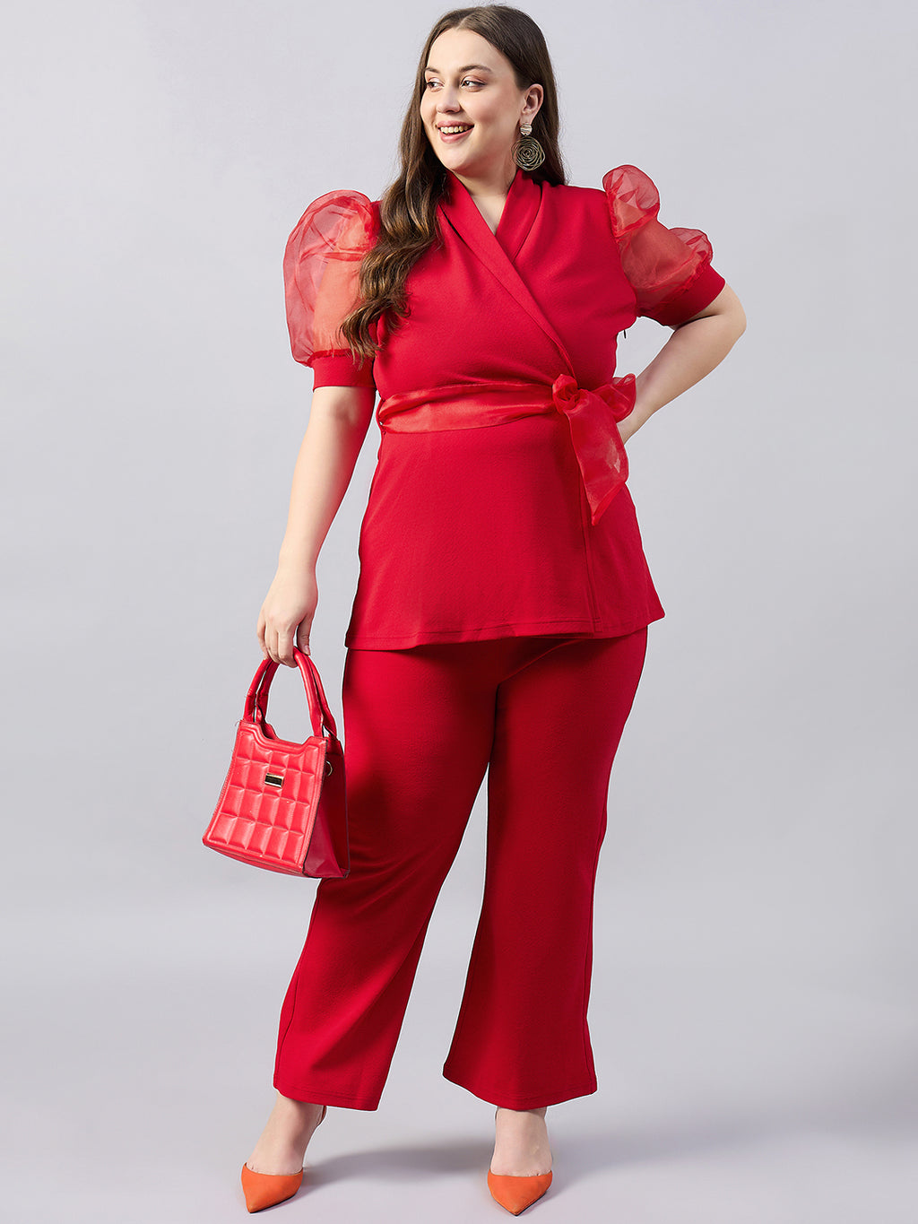 Red Organza Sleeve Lapel Collar Top With Straight Trouser Plus Size Co-Ords