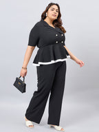 Black V-Neck Top With  Skirt Pant Plus Size Set