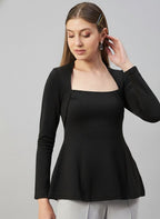 Black Glitter  Square Neck  Peplum Top
