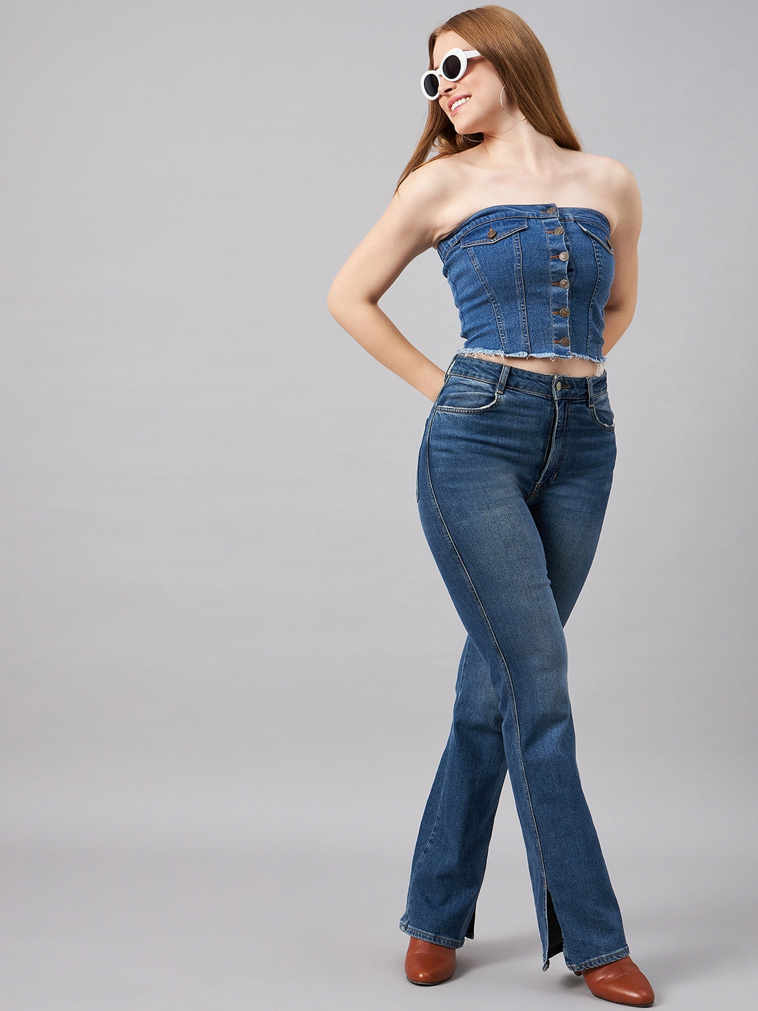 Blue Crop Tube Denim Top