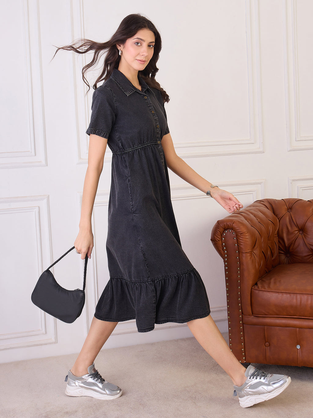 Denim Collar Neck Tiered Dress