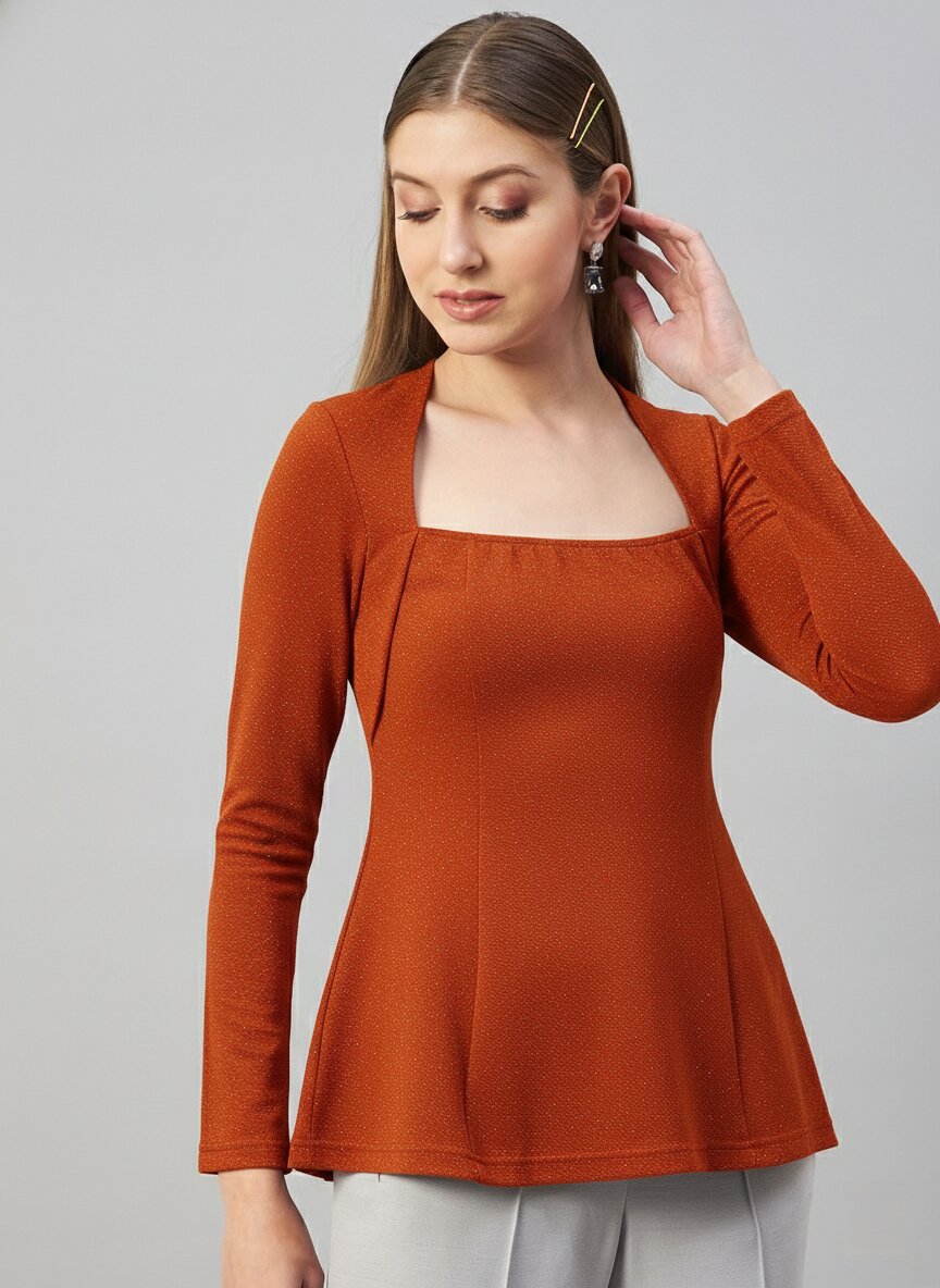 Orange Glitter Square R Neck  Peplum Top
