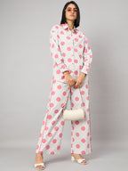 Pink Polka Dot Contrast Lace Shirt With Pant Set
