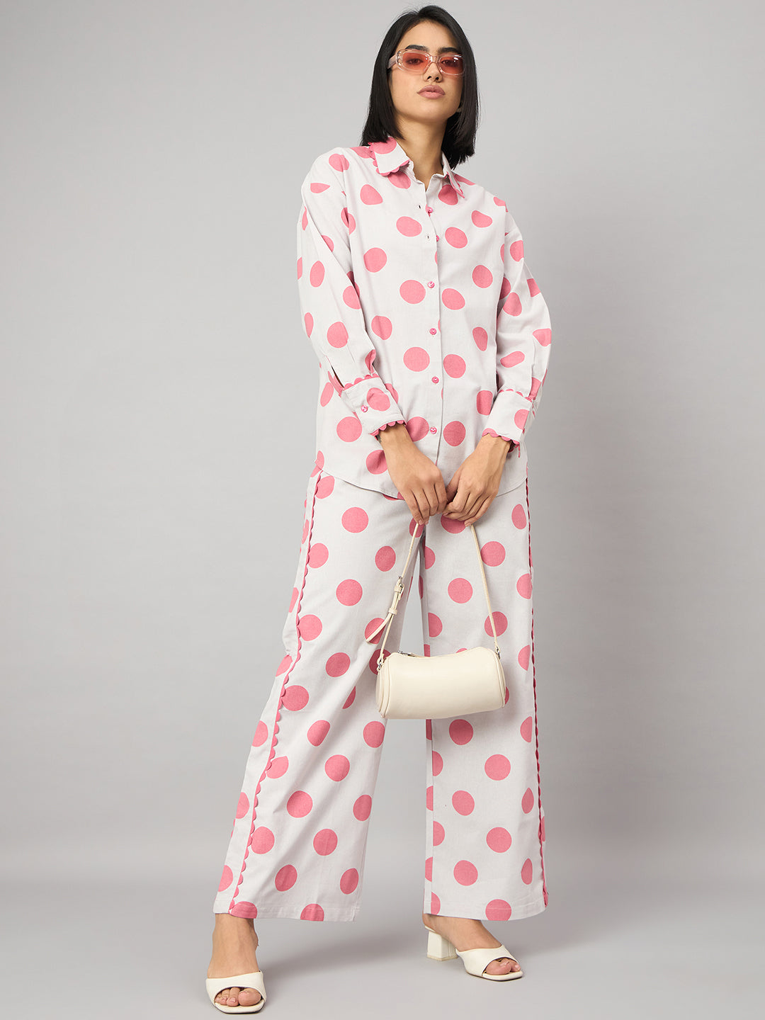 Pink Polka Dot Contrast Lace Shirt With Pant Set