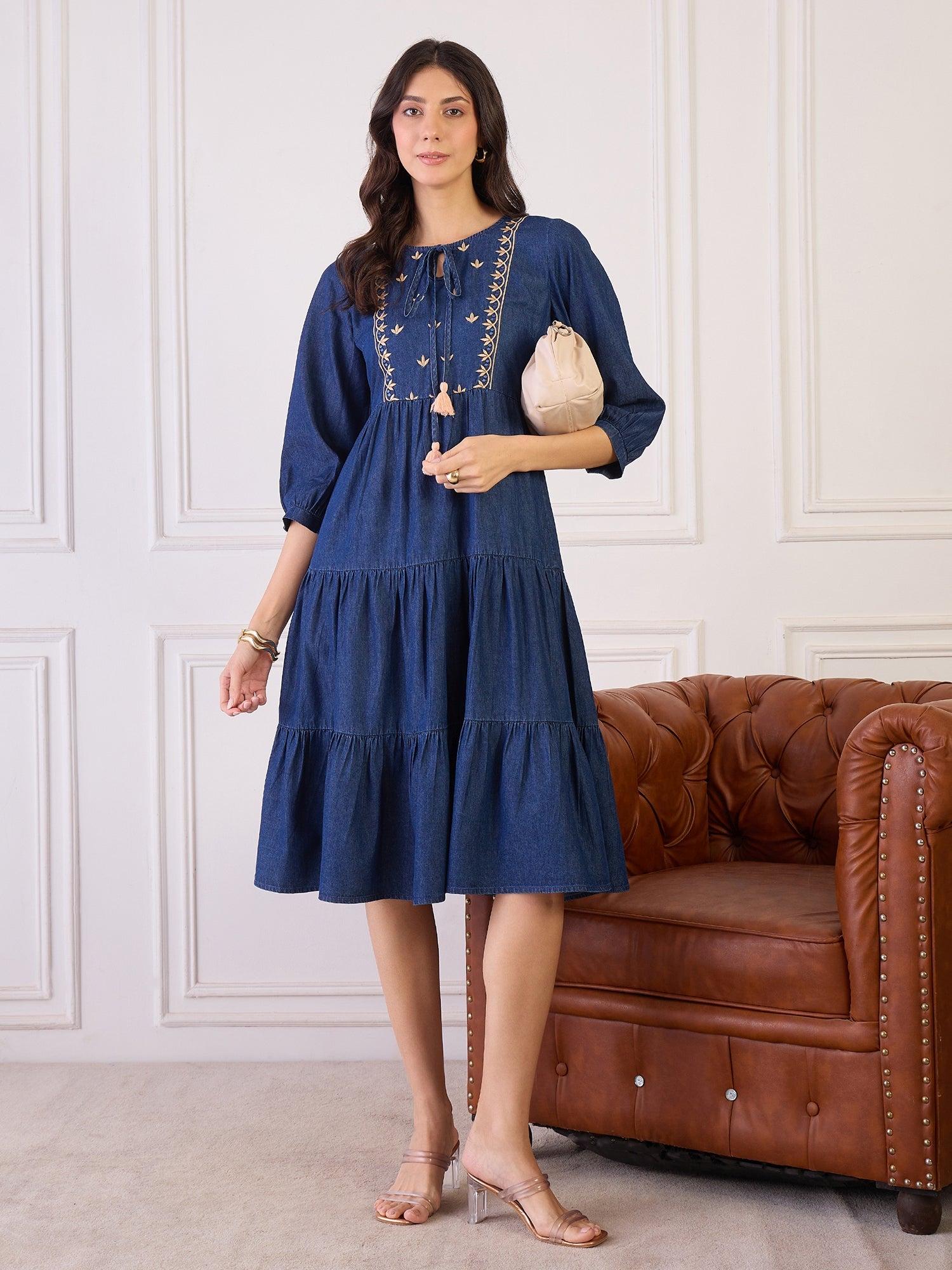 DENIM BLUE EMBROIDERED TIERED A - LINE DRESS