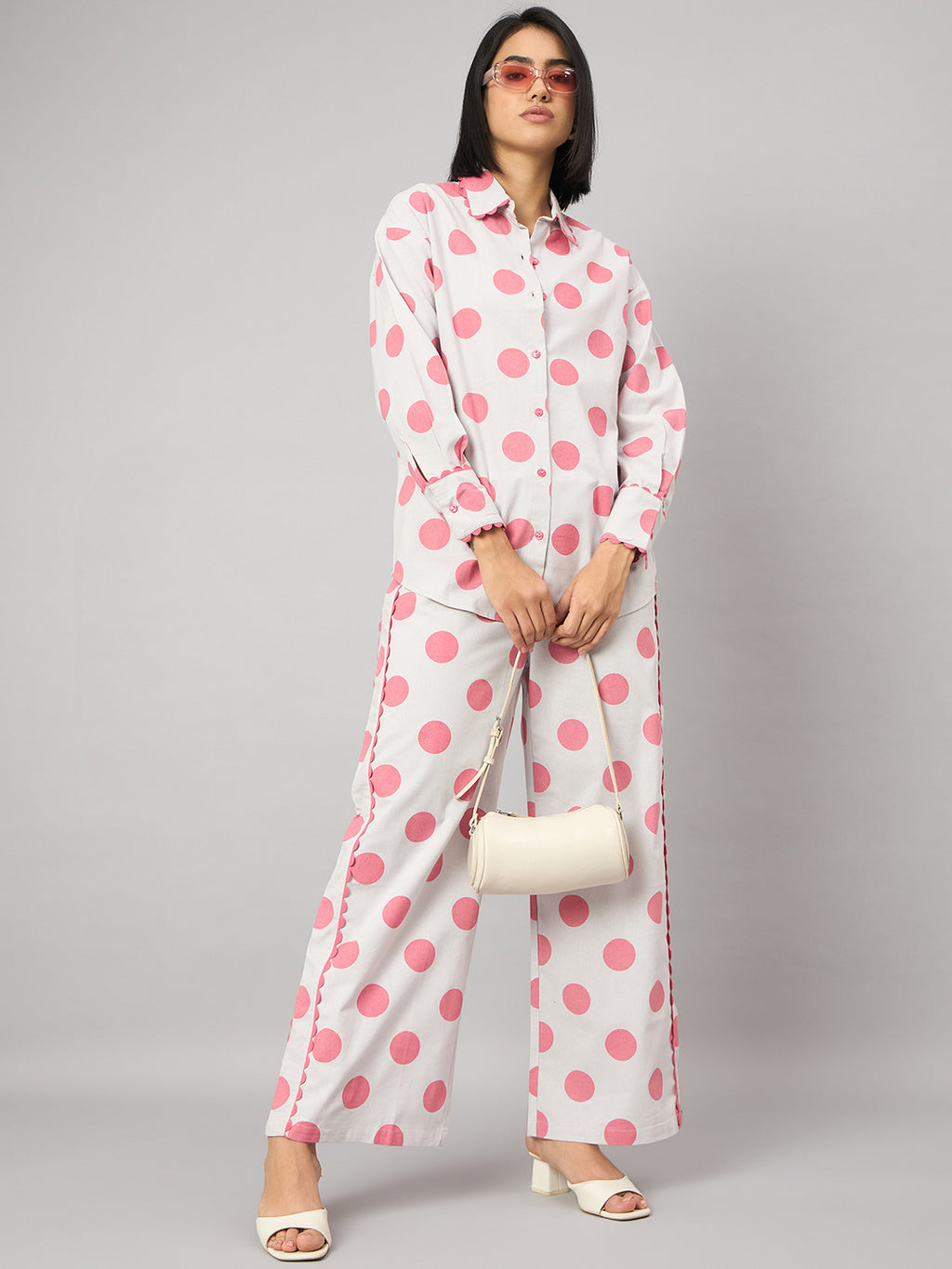 Pink Polka Dot Contrast Lace Shirt With Pant Set