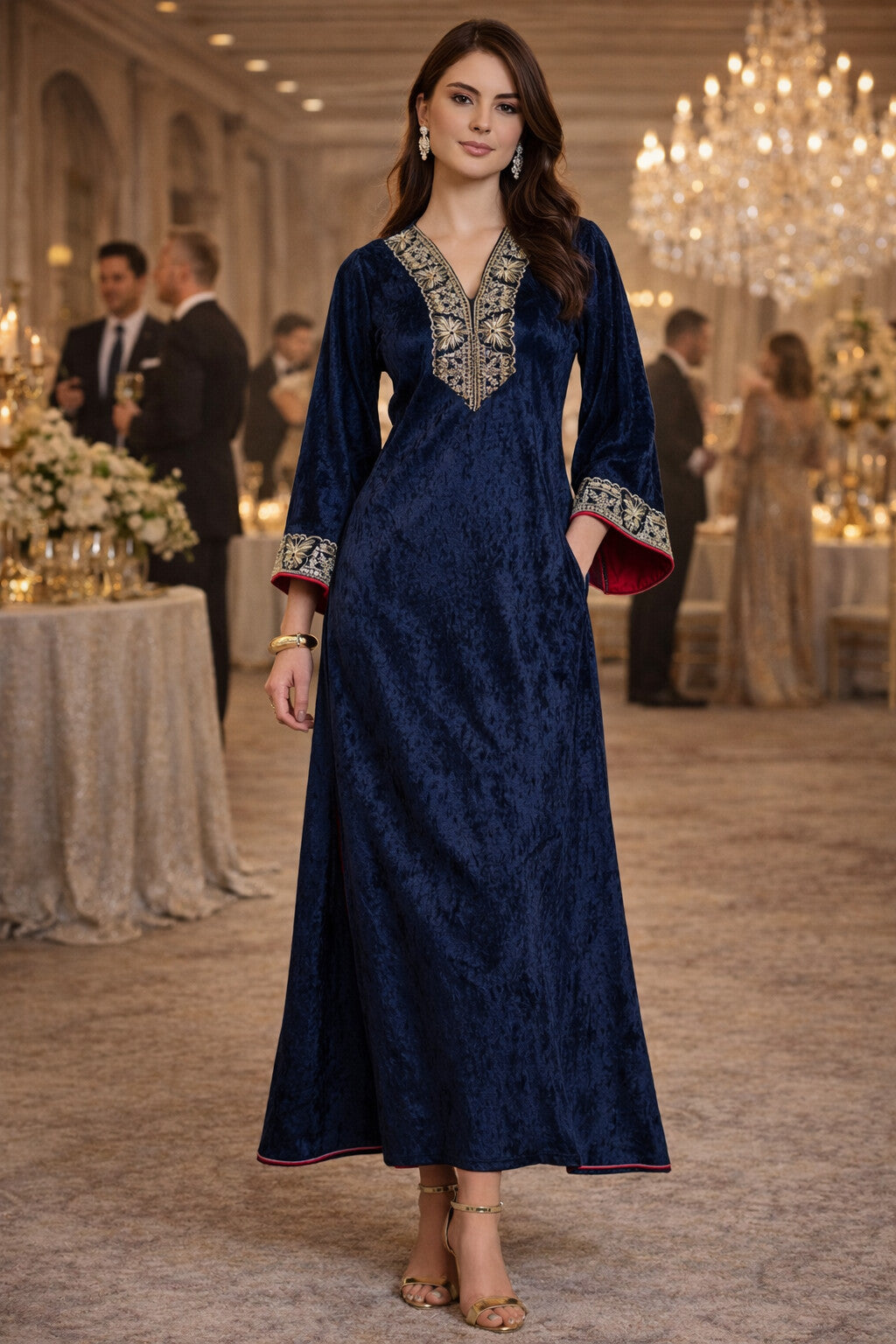 Green V Neck Luxury Velvet Abaya Dress