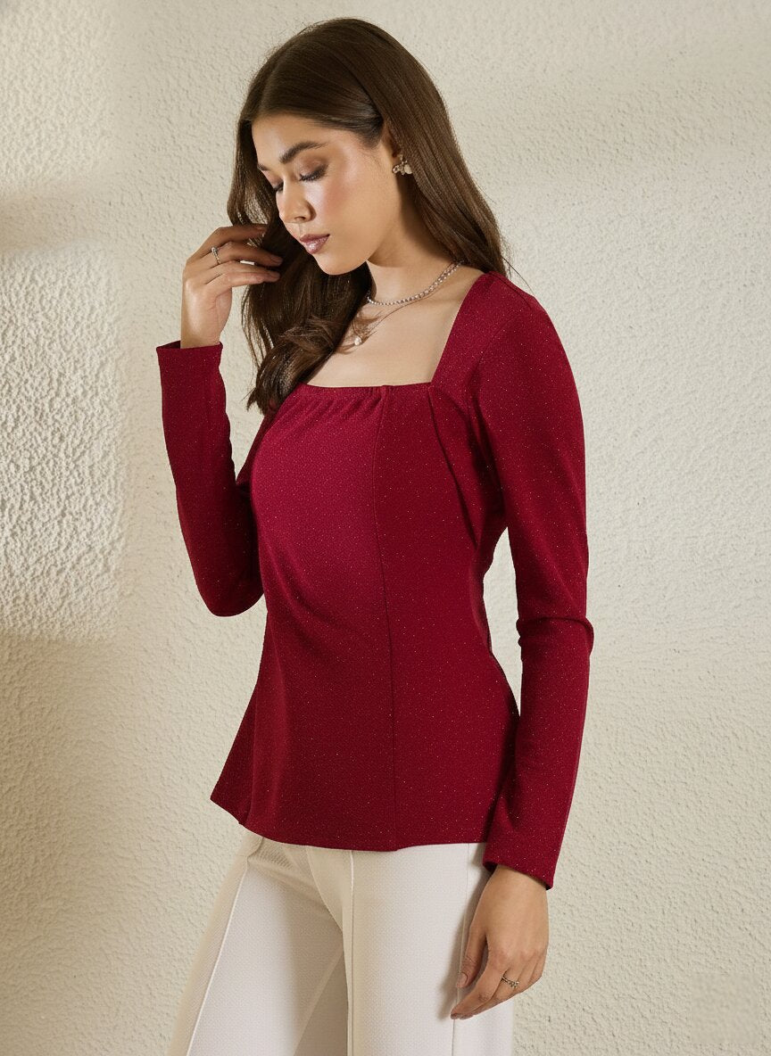Maroon Glitter Square  Neck  Peplum Top