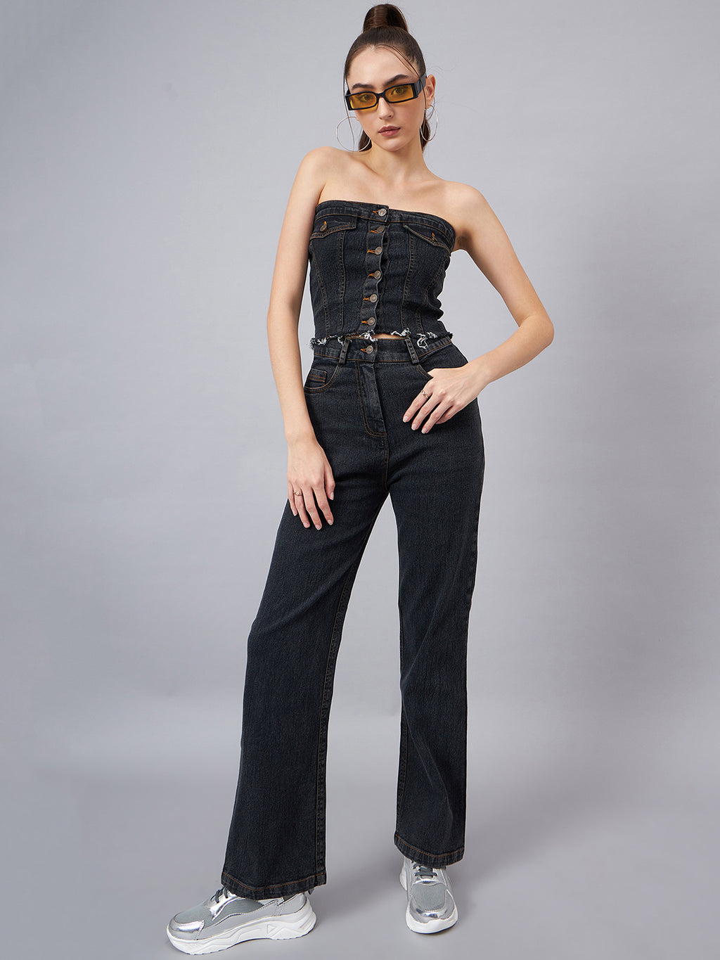 Black Crop Tube Denim Top