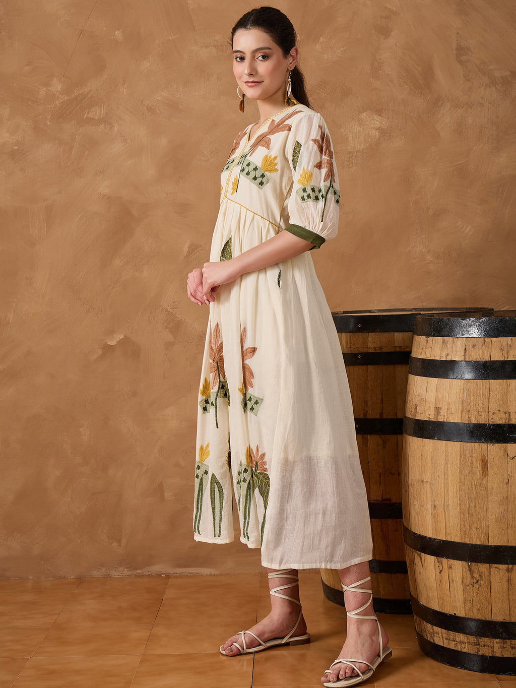 MULTI EMB PURE COTTON FIT & FLARE DRESS