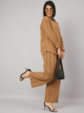 Camel Brown Contrast Lace Shirt With Pant Set