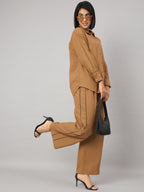 Camel Brown Contrast Lace Shirt With Pant Set