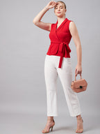 Red V Neck Sleeveless Wrap Top