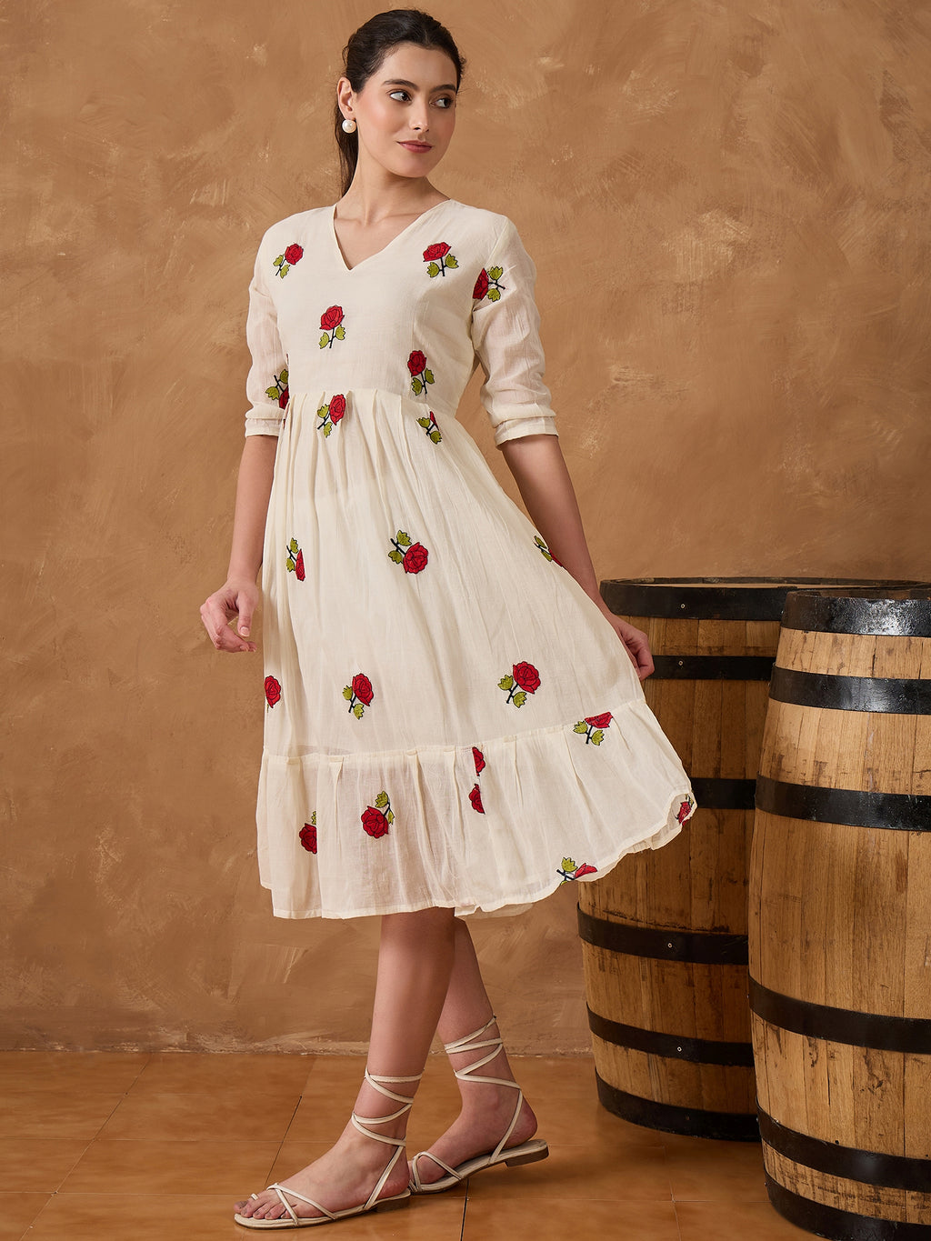 Floral Emb Pure Cotton Fit & Flare Dress