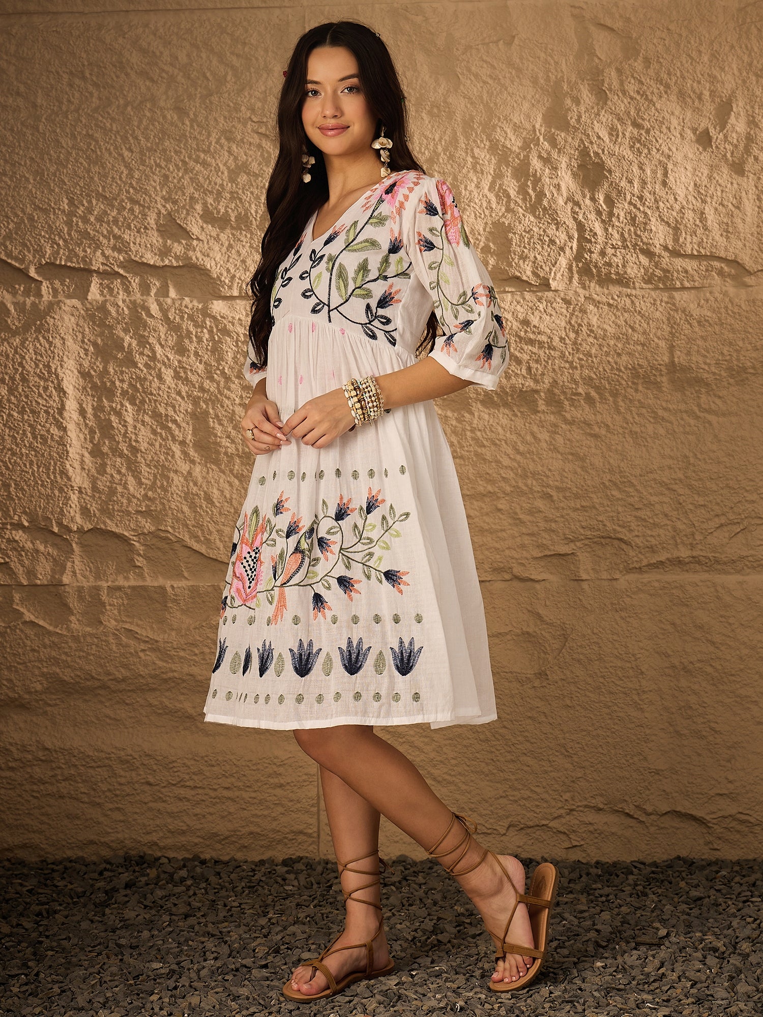 Multi Emb Pure Cotton Fit & Flare Dress