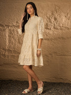 TONAL EMB PURE COTTON FIT & FLARE DRESS
