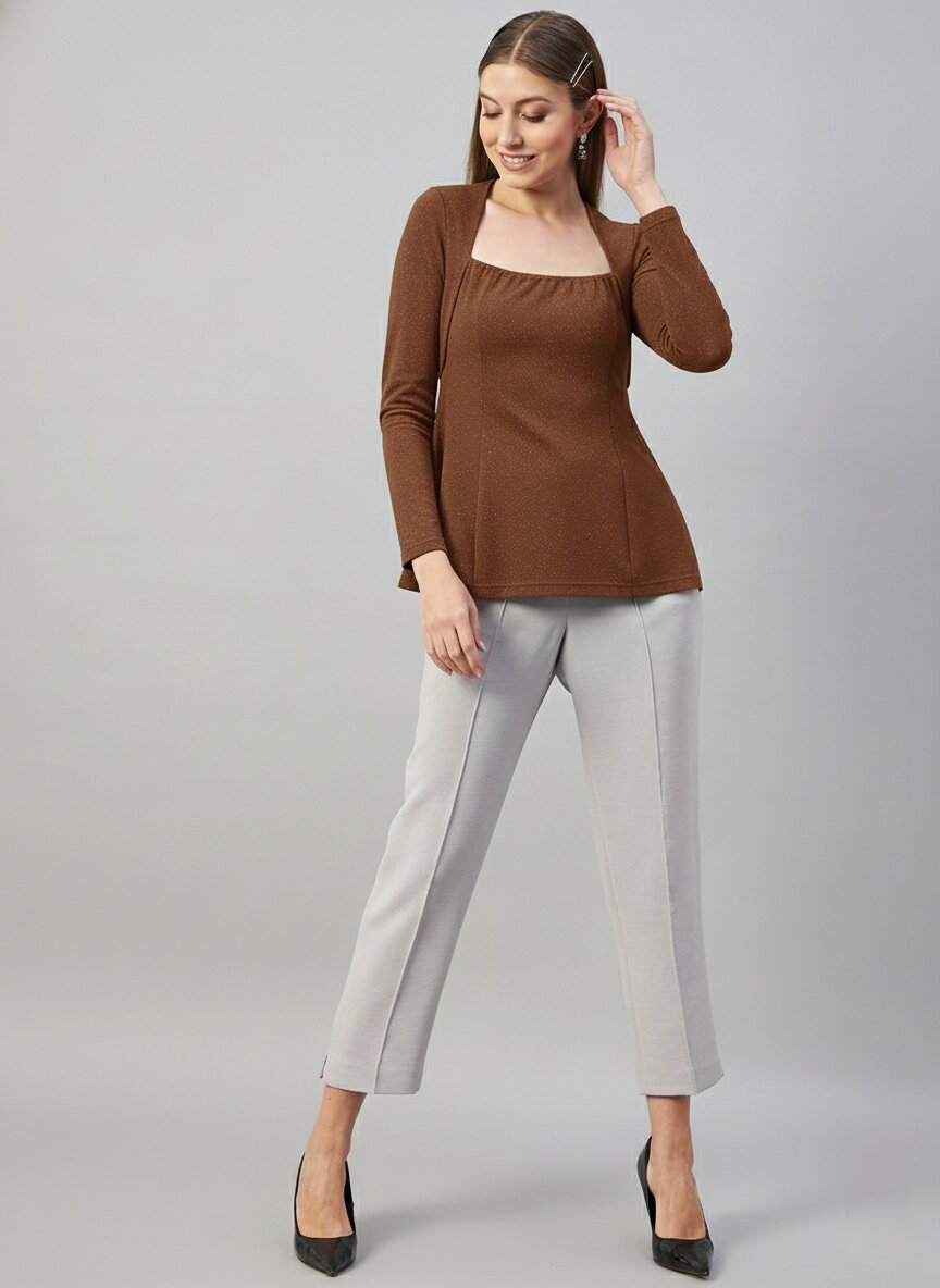 Camel Brown Glitter square Neck  Peplum Top