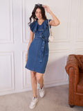 Denim V Neck Ruffle Belted Dress