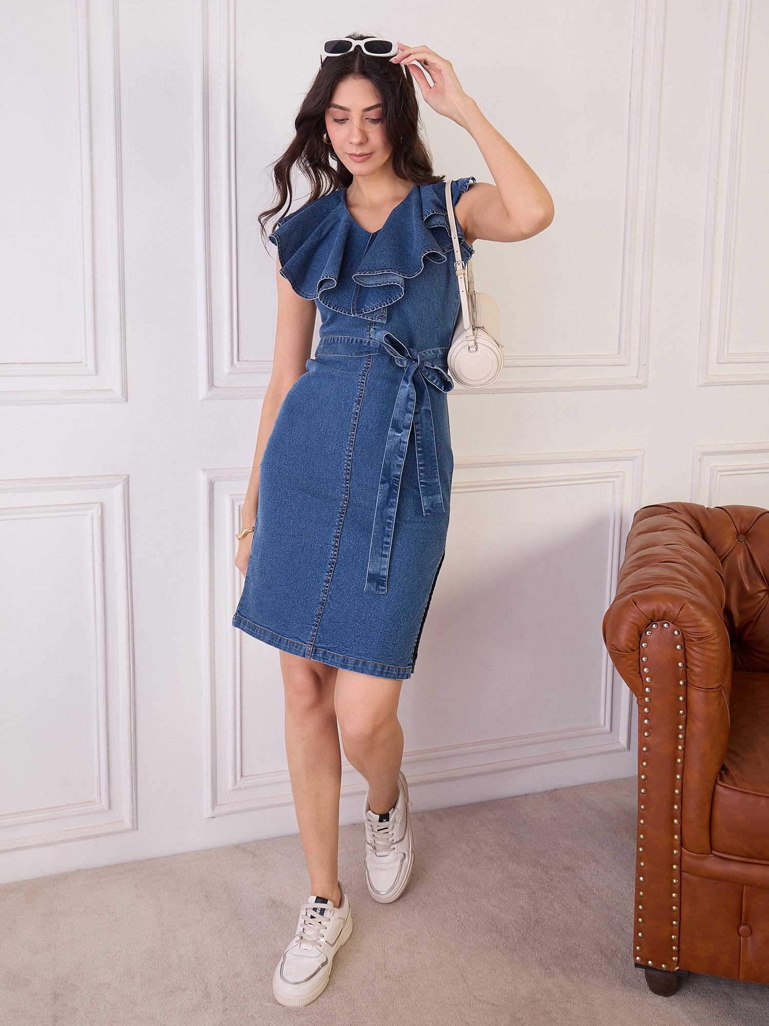 Denim V Neck Ruffle Belted Dress