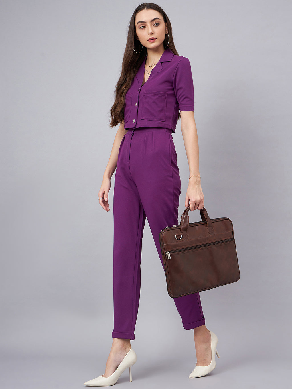 Purple Crop Blazer With Tapered Pants
