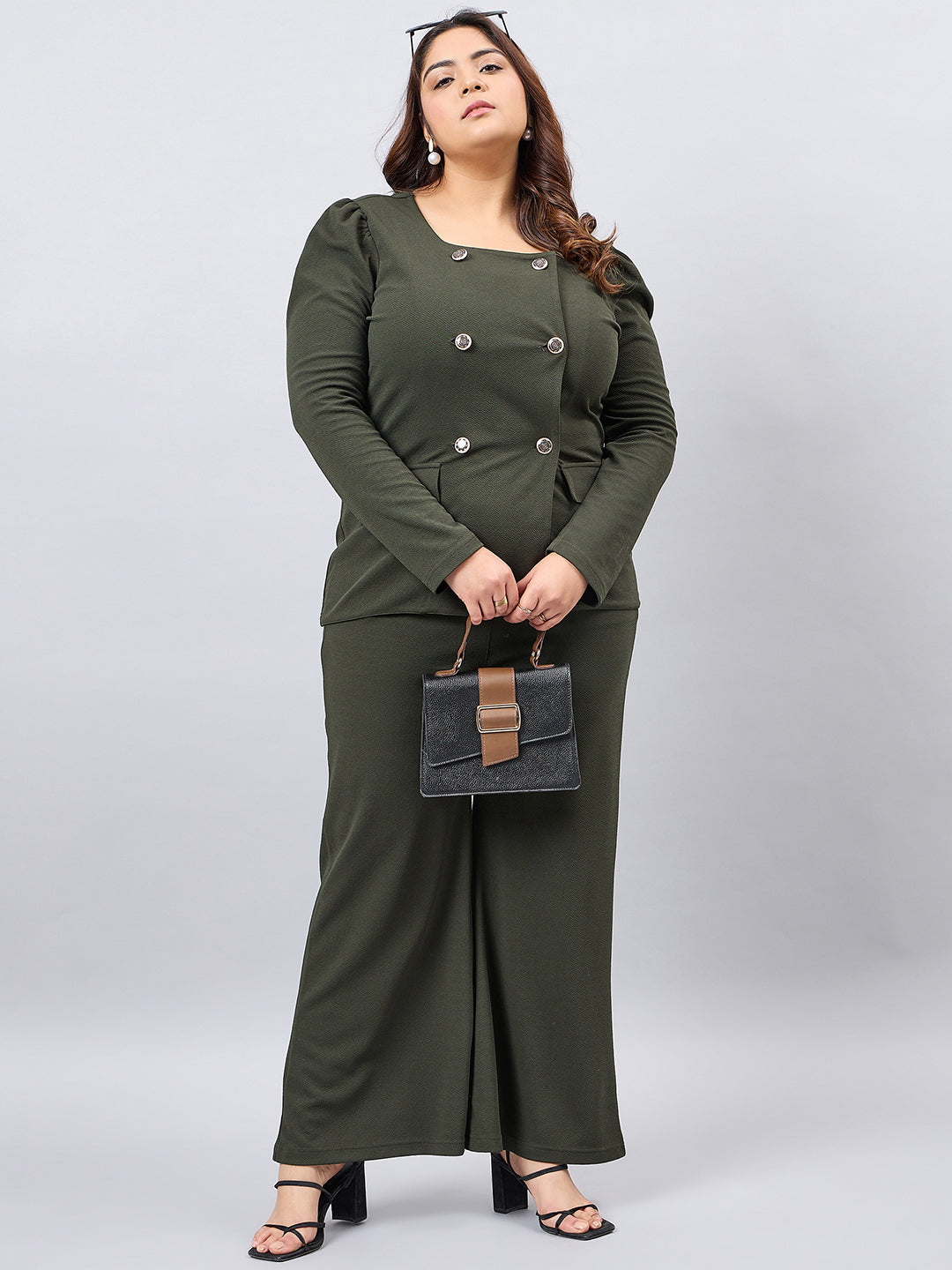 Olive Front Button Blazer Top With Pants