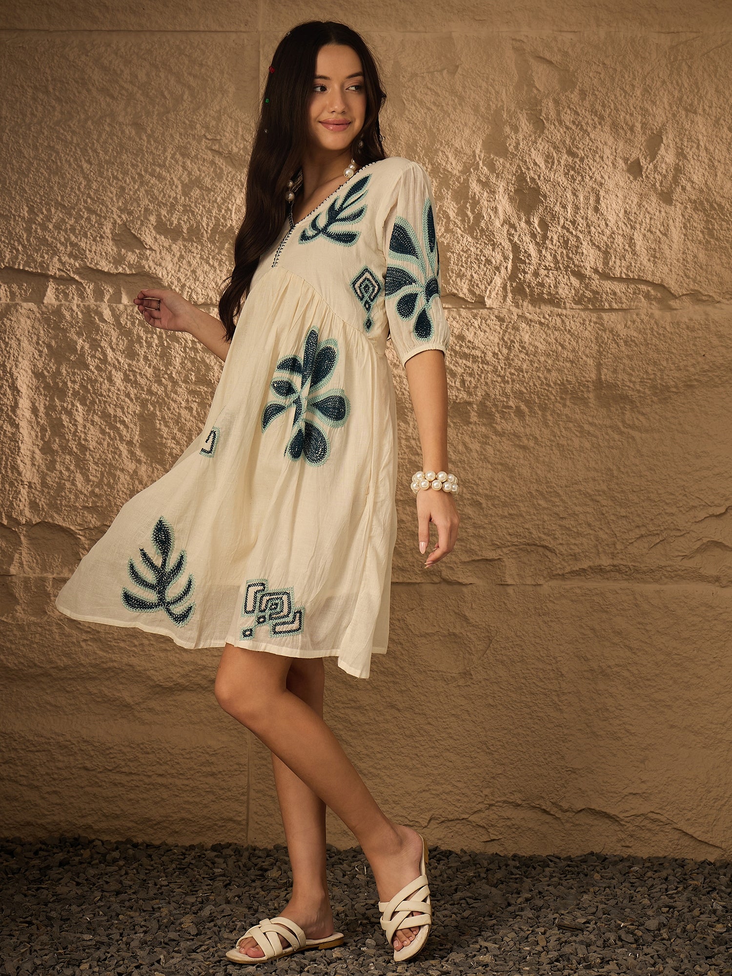 Multi Emb Pure Cotton Fit & Flare Dress