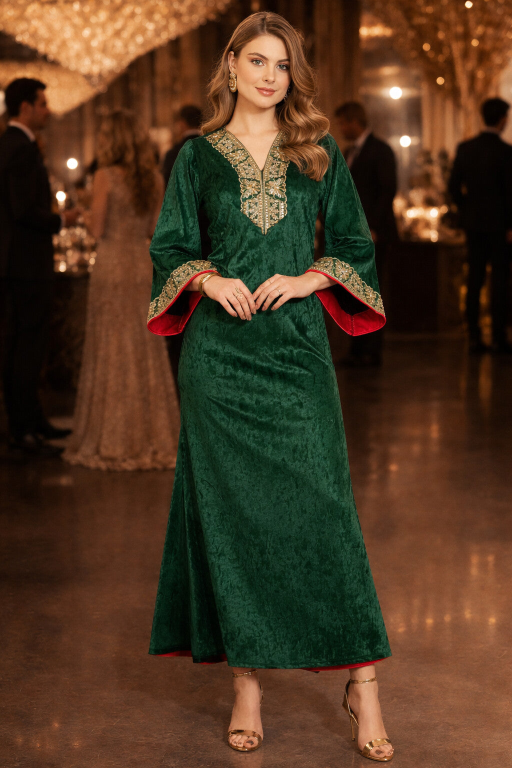 Green V Neck Luxury Velvet Abaya Dress