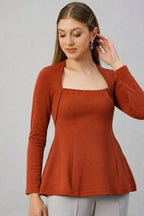 Rust Square R Neck  Peplum Top