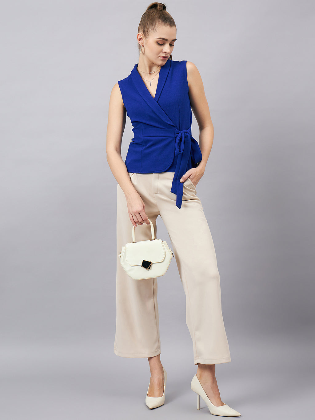 Royal Blue V Neck Sleeveless Wrap Top