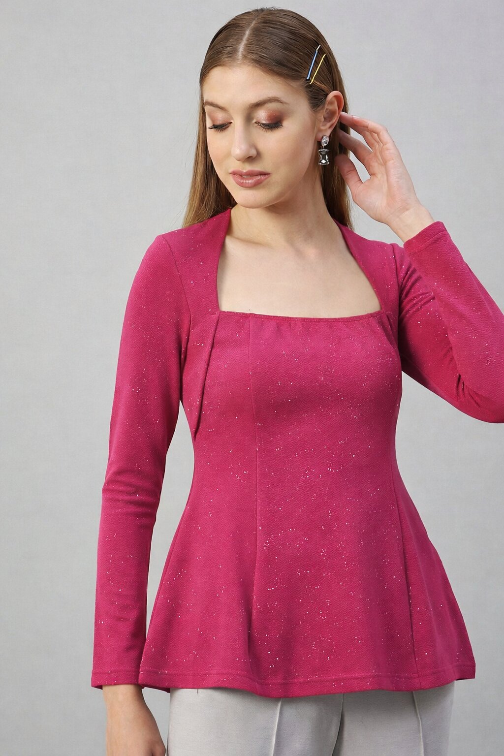 Fuchsia Pink Glitter Square Neck  Peplum Top