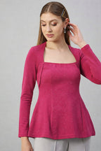 Fuchsia Pink Glitter Square Neck  Peplum Top
