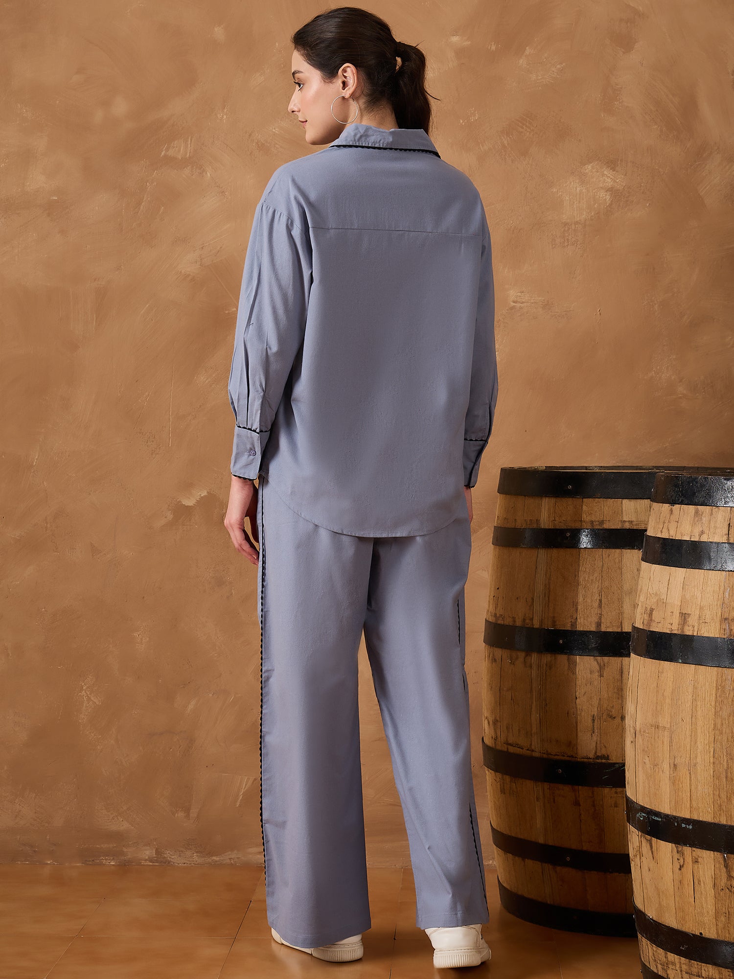 Blue Contrast Lace Shirt With Pant Set