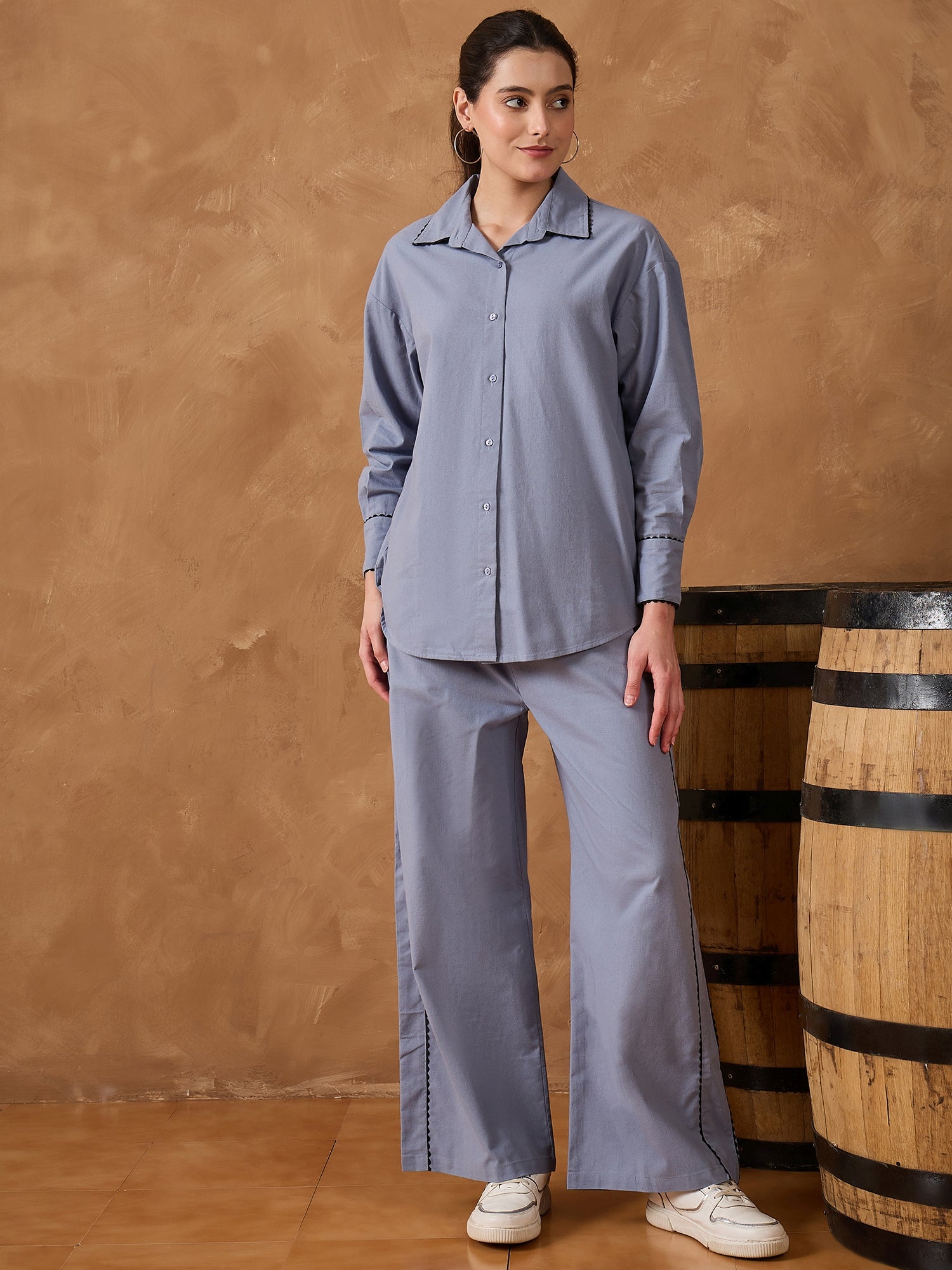 Blue Contrast Lace Shirt With Pant Set