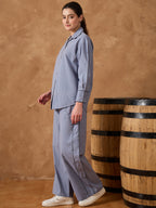 Blue Contrast Lace Shirt With Pant Set