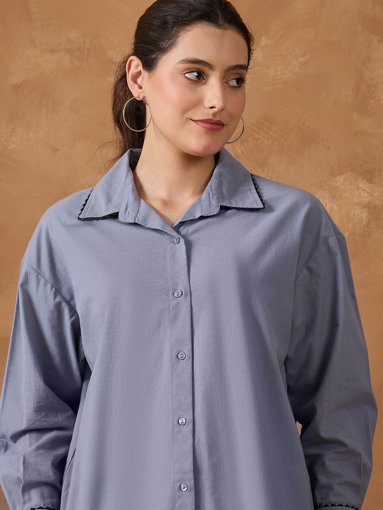 Blue Contrast Lace Shirt With Pant Set