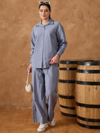 Blue Contrast Lace Shirt With Pant Set