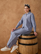 Blue Contrast Lace Shirt With Pant Set